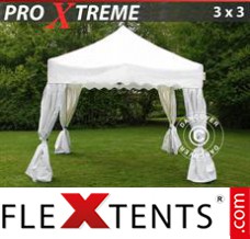 Tonnelle pliable FleXtents Xtreme "Wave" 3x3m Blanc, avec 4 rideaux decoratifs