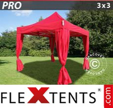 Tonnelle pliable FleXtents PRO 3x3m Rouge, incl. 4 rideaux decoratifs